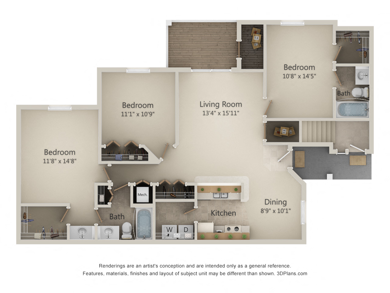 Floor plan for 3 beds, 2 baths, 1280 sqft